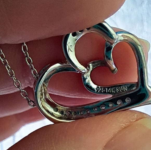 14kt Rose Gold Sterling Silver Diamond Double Heart Pendant Italian Necklace - Picture 12 of 12